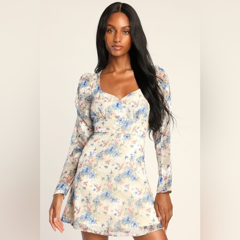 Lulu’s Lovely Type Ivory Floral Print Puff Sleeves A-Line Mini Dress Size XL